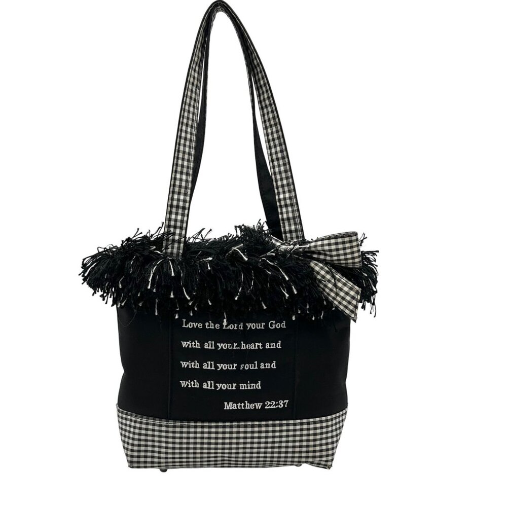 Unbranded Black & White Nylon Scripture Embroidered Fringe Tote Bag